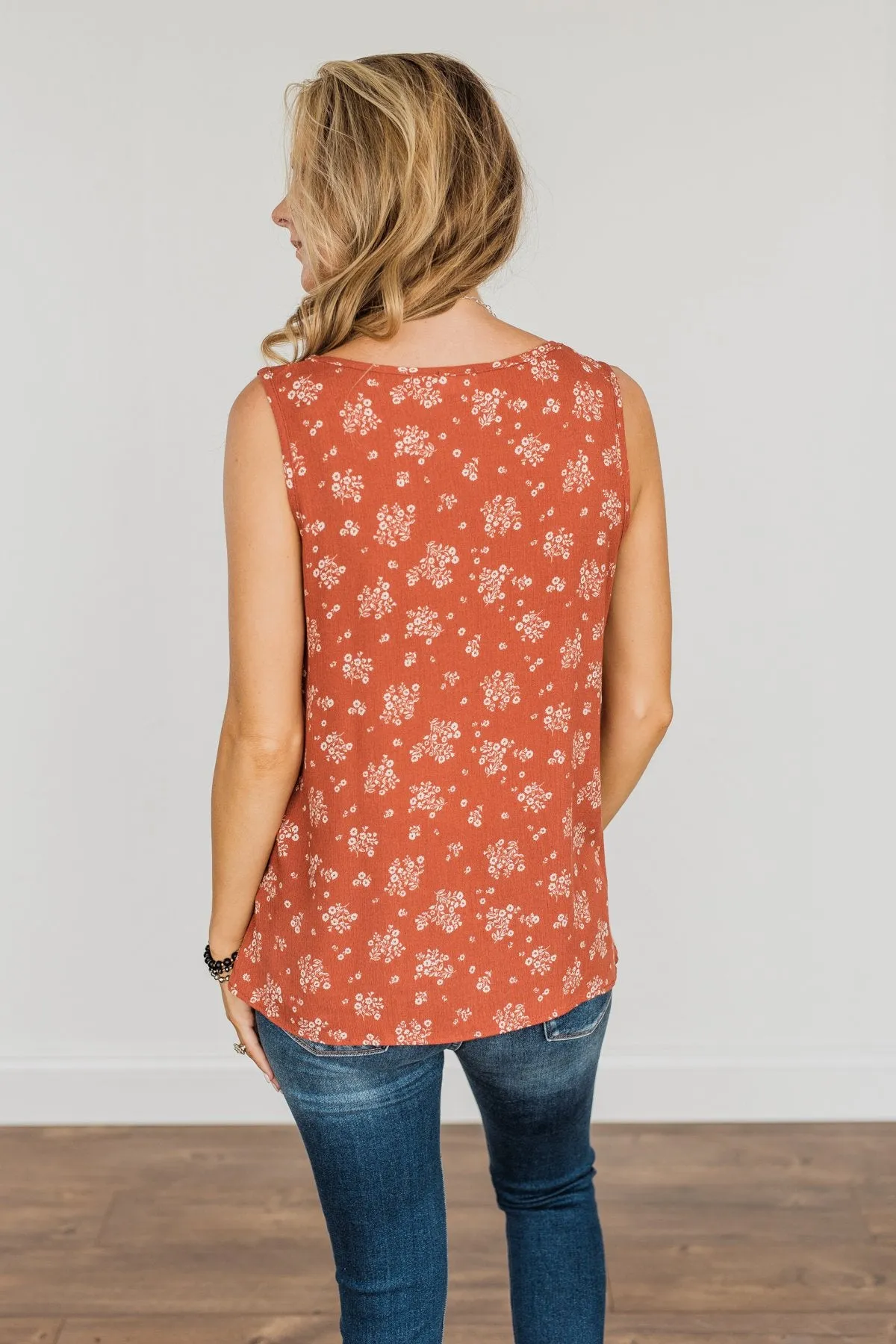 Sealed With A Kiss Floral Button Tank Top- Rust