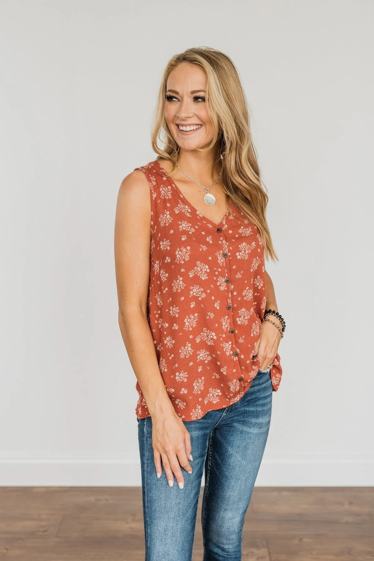 Sealed With A Kiss Floral Button Tank Top- Rust