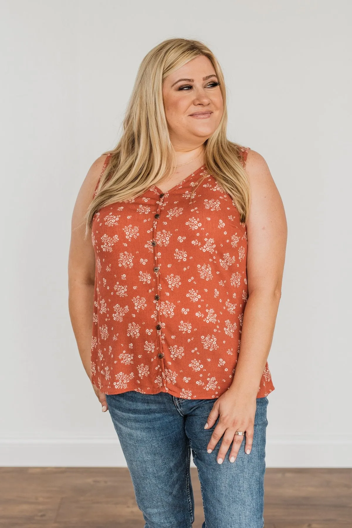 Sealed With A Kiss Floral Button Tank Top- Rust