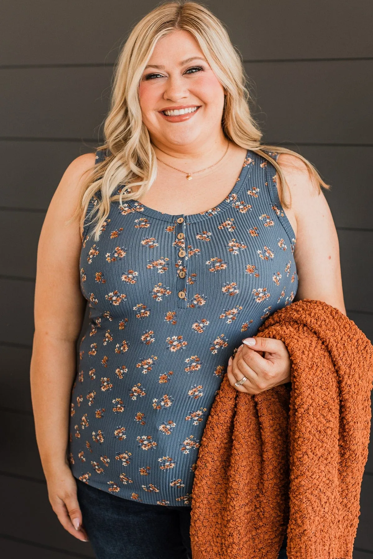 Simply Flourishing Floral Tank Top- Dusty Blue