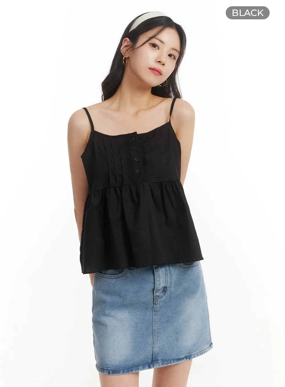 Solid Ruffle Hem Button-Up Cami Top OM406