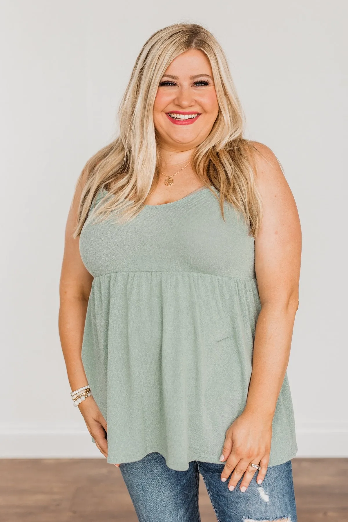 Spotting Your Gaze Babydoll Tank Top- Dusty Sage