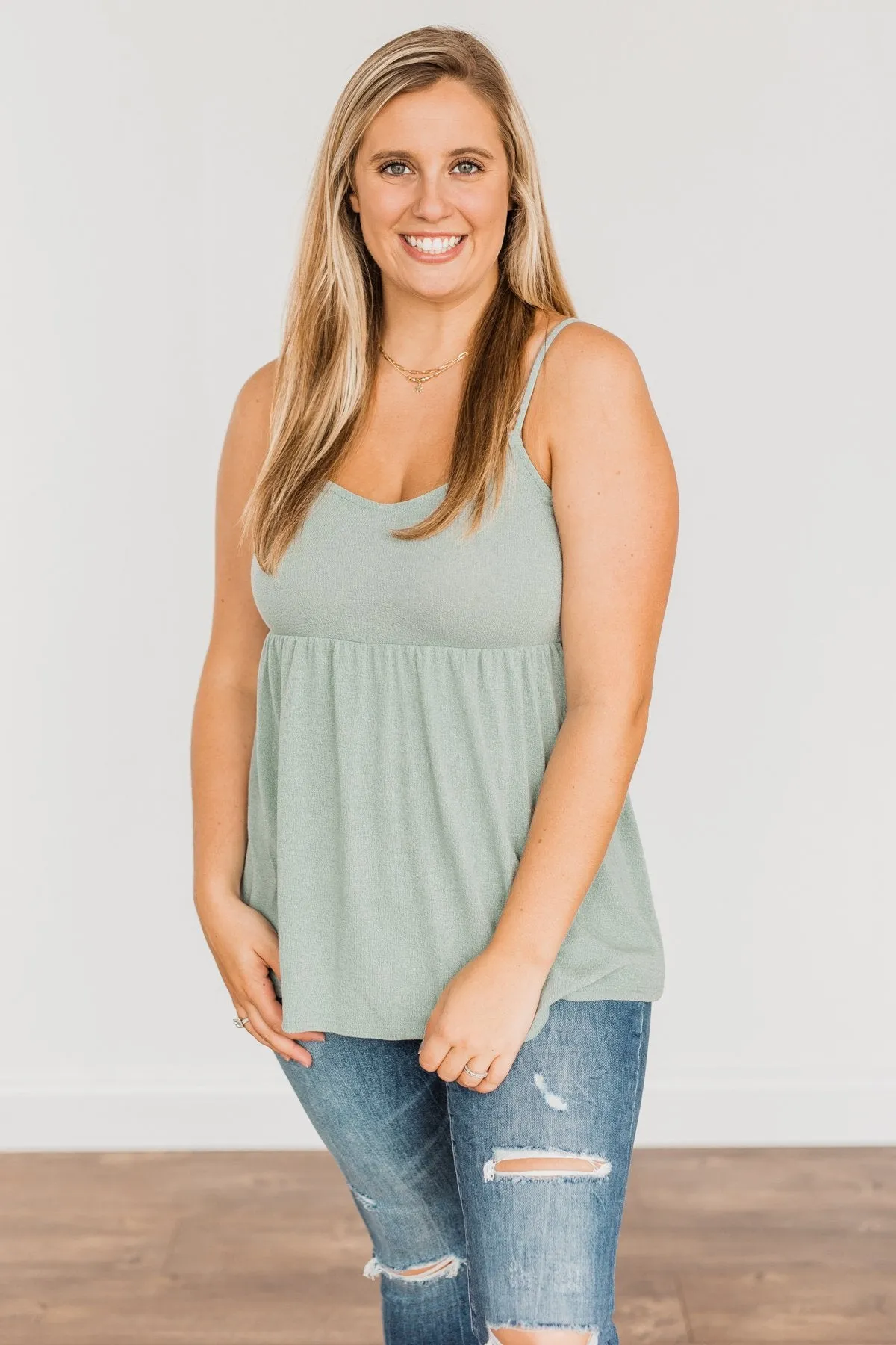 Spotting Your Gaze Babydoll Tank Top- Dusty Sage