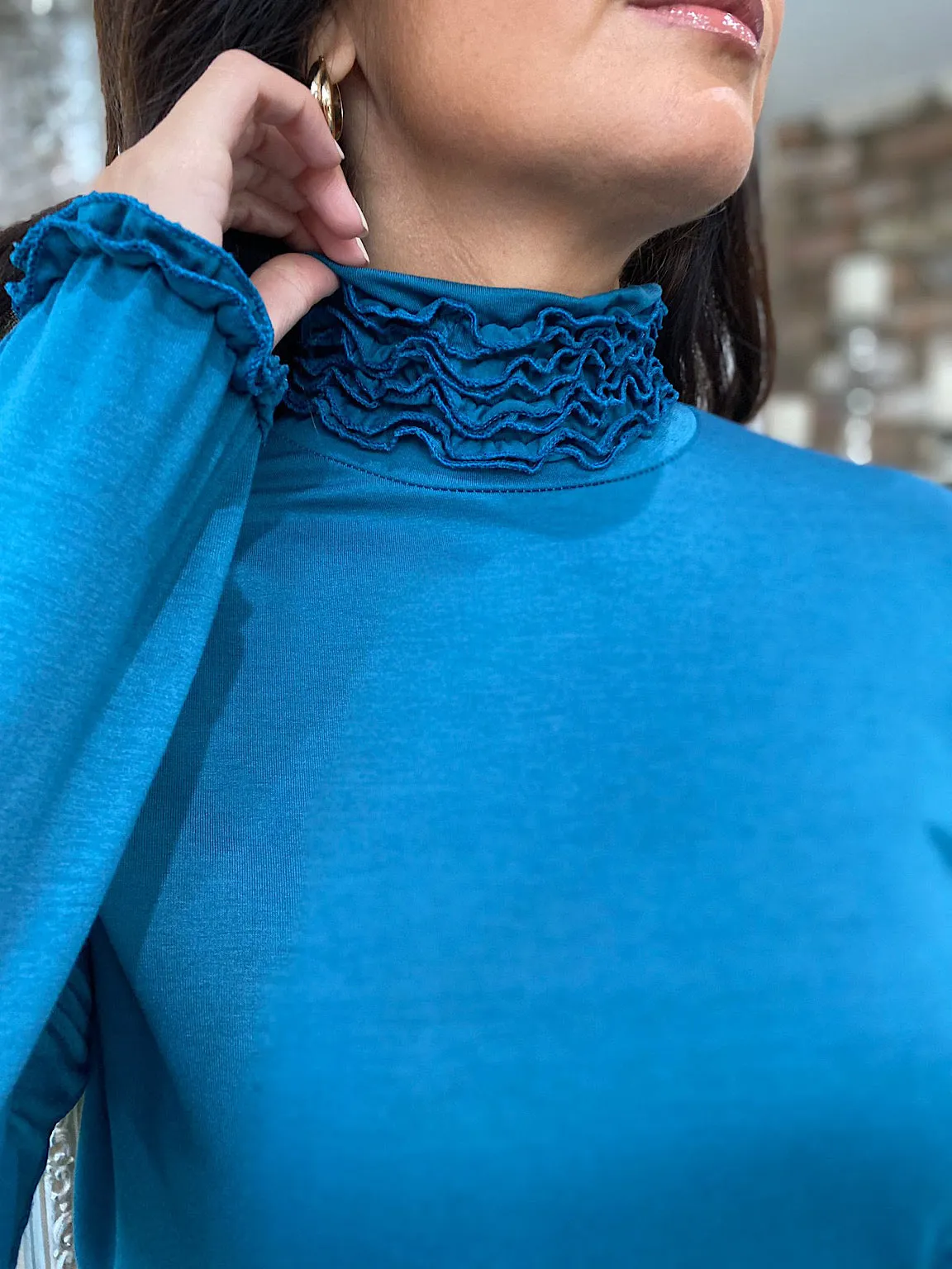 Teal Ruffle Roll Neck Top Regan