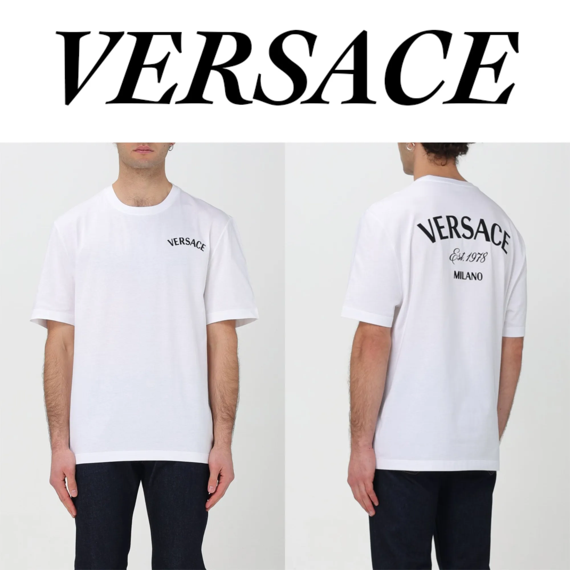 VERSACE  |Crew Neck Plain Cotton Short Sleeves Oversized Logo Luxury