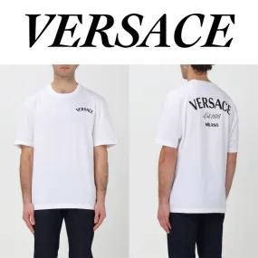 VERSACE  |Crew Neck Plain Cotton Short Sleeves Oversized Logo Luxury