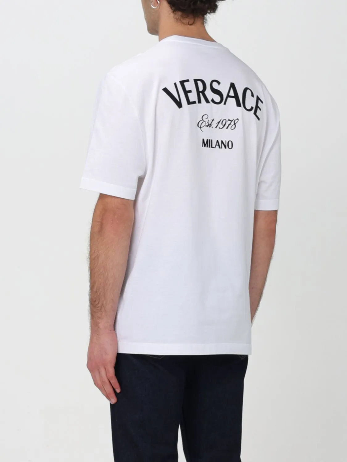 VERSACE  |Crew Neck Plain Cotton Short Sleeves Oversized Logo Luxury